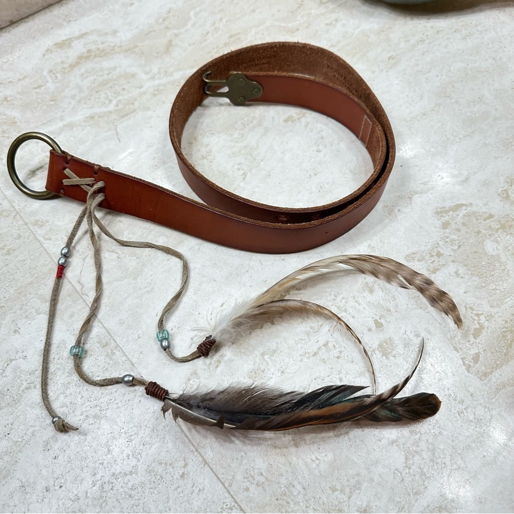 RALPH LAUREN Rare Boho Western Style Leather Belt with Feathers🌸